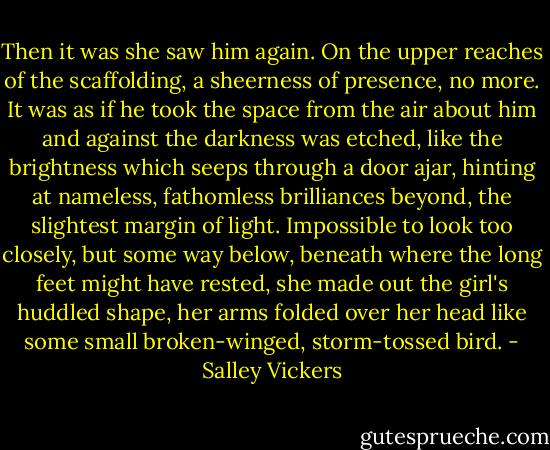 Then it was she saw him again. On the upper reaches of the scaffolding, a sheerness of presence, no more. It was as if he took the space from the air about him and against the darkness was etched, like the brightness which seeps through a door ajar, hinting at nameless, fathomless brilliances beyond, the slightest margin of light. Impossible to look too closely, but some way below, beneath where the long feet might have rested, she made out the girl's huddled shape, her arms folded over her head like some small broken-winged, storm-tossed bird. - Salley Vickers