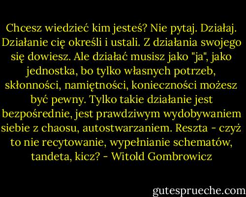Chcesz wiedzieć kim jesteś? Nie pytaj. Działaj. Działanie cię określi i ustali. Z działania swojego się dowiesz. Ale działać musisz jako "ja", jako jednostka, bo tylko własnych potrzeb, skłonności, namiętności, konieczności możesz być pewny.<br />Tylko takie działanie jest bezpośrednie, jest prawdziwym wydobywaniem siebie z chaosu, autostwarzaniem. Reszta - czyż to nie recytowanie, wypełnianie schematów, tandeta, kicz? - Witold Gombrowicz