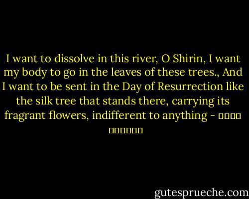 I want to dissolve in this river, O Shirin, I want my body to go in the leaves of these trees., And I want to be sent in the Day of Resurrection like the silk tree that stands there, carrying its fragrant flowers, indifferent to anything - محمد العدوي