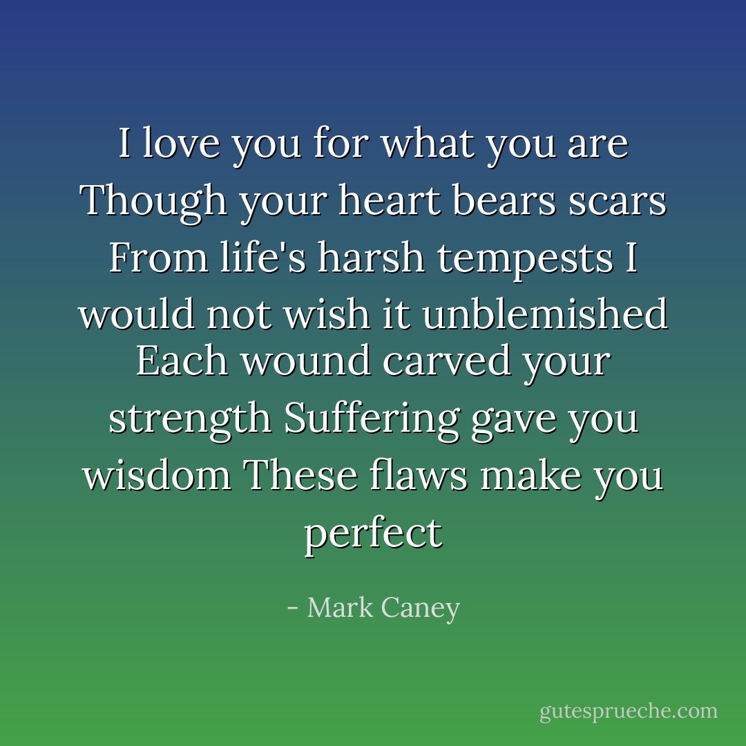 I love you for what you are<br />Though your heart bears scars<br />From life's harsh tempests<br />I would not wish it unblemished<br />Each wound carved your strength<br />Suffering gave you wisdom<br />These flaws make you perfect - Mark Caney