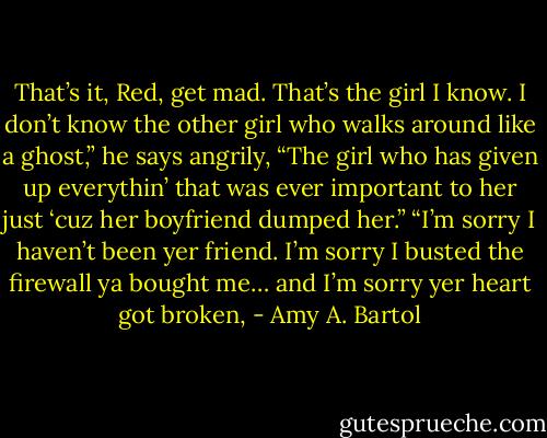 That’s it, Red, get mad. That’s the girl I know. I don’t know the other girl who walks around like a ghost,” he says angrily, “The girl who has given up everythin’ that was ever important to her just ‘cuz her boyfriend dumped her.” “I’m sorry I haven’t been yer friend. I’m sorry I busted the firewall ya bought me… and I’m sorry yer heart got broken, - Amy A. Bartol