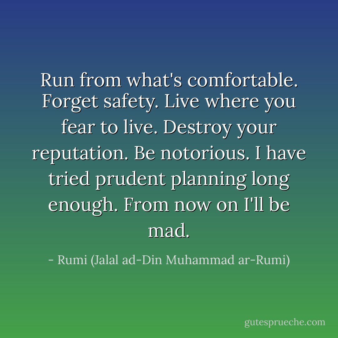 Run from what's comfortable. Forget safety. Live where you fear to live. Destroy your reputation. Be notorious. I have tried prudent planning long enough. From now on I'll be mad. - Rumi (Jalal ad-Din Muhammad ar-Rumi)