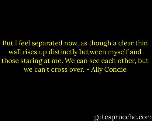But I feel separated now, as though a clear thin wall rises up distinctly between myself and those staring at me. We can see each other, but we can't cross over. - Ally Condie