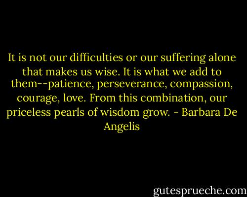 It is not our difficulties or our suffering alone that makes us wise. It is what we add to them--patience, perseverance, compassion, courage, love. From this combination, our priceless pearls of wisdom grow. - Barbara De Angelis