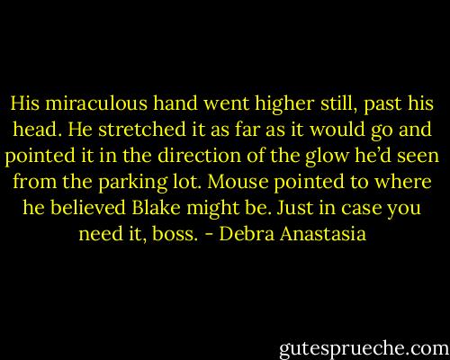 His miraculous hand went higher still, past his head. He stretched it as far as it would go and pointed it in the direction of the glow he’d seen from the parking lot. Mouse pointed to where he believed Blake might be. Just in case you need it, boss. - Debra Anastasia