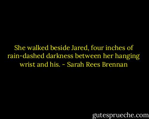 She walked beside Jared, four inches of rain-dashed darkness between her hanging wrist and his. - Sarah Rees Brennan