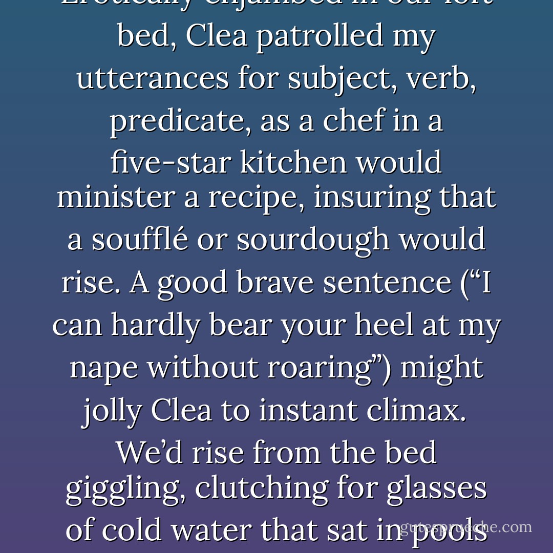 Punctuation! We knew it was holy. Every sentence we cherished was sturdy and Biblical in its form, carved somehow by hand-dragged implement or slapped onto sheets by an inky key. For sentences were sculptural, were we the only ones who understood? Sentences were bodies, too, as horny as the flesh-envelopes we wore around the house all day. Erotically enjambed in our loft bed, Clea patrolled my utterances for subject, verb, predicate, as a chef in a five-star kitchen would minister a recipe, insuring that a soufflé or sourdough would rise. A good brave sentence (“I can hardly bear your heel at my nape without roaring”) might jolly Clea to instant climax. We’d rise from the bed giggling, clutching for glasses of cold water that sat in pools of their own sweat on bedside tables. The sentences had liberated our higher orgasms, nothing to sneeze at. Similarly, we were also sure that sentences of the right quality could end this hideous endless war, if only certain standards were adopted at the higher levels. They never would be. All the media trumpeted the Administration’s lousy grammar. - Jonathan Lethem