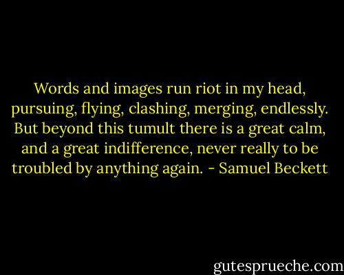 Words and images run riot in my head, pursuing, flying, clashing, merging, endlessly. But beyond this tumult there is a great calm, and a great indifference, never really to be troubled by anything again. - Samuel Beckett