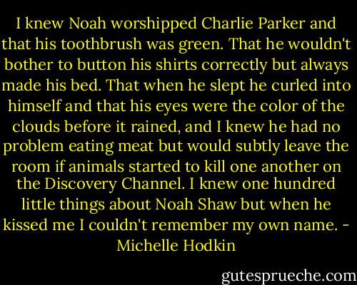 I knew Noah worshipped Charlie Parker and that his toothbrush was green. That he wouldn't bother to button his shirts correctly but always made his bed. That when he slept he curled into himself and that his eyes were the color of the clouds before it rained, and I knew he had no problem eating meat but would subtly leave the room if animals started to kill one another on the Discovery Channel. I knew one hundred little things about Noah Shaw but when he kissed me I couldn't remember my own name. - Michelle Hodkin
