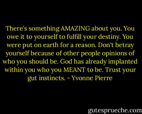 There's something AMAZING about you. You owe it to yourself to fulfill your destiny. You were put on earth for a reason. Don't betray yourself because of other people opinions of who you should be. God has already implanted within you who you MEANT to be. Trust your gut instincts. - Yvonne Pierre