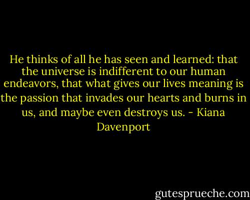 He thinks of all he has seen and learned: that the universe is indifferent to our human endeavors, that what gives our lives meaning is the passion that invades our hearts and burns in us, and maybe even destroys us. - Kiana Davenport