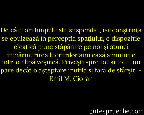 De câte ori timpul este suspendat, iar conștiința se epuizează în percepția spațiului, o dispoziție eleatică pune stăpânire pe noi și atunci înmărmurirea lucrurilor anulează amintirile într-o clipă veșnică. Privești spre tot și totul nu pare decât o așteptare inutilă și fără de sfârșit. - Emil M. Cioran