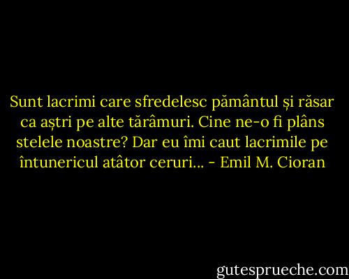 Sunt lacrimi care sfredelesc pământul și răsar ca aștri pe alte tărâmuri. Cine ne-o fi plâns stelele noastre? Dar eu îmi caut lacrimile pe întunericul atâtor ceruri... - Emil M. Cioran