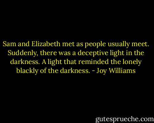 Sam and Elizabeth met as people usually meet. Suddenly, there was a deceptive light in the darkness. A light that reminded the lonely blackly of the darkness. - Joy Williams
