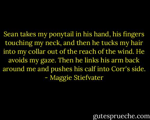 Sean takes my ponytail in his hand, his fingers touching my neck, and then he tucks my hair into my collar out of the reach of the wind. He avoids my gaze. Then he links his arm back around me and pushes his calf into Corr's side. - Maggie Stiefvater