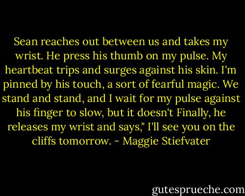 Sean reaches out between us and takes my wrist. He press his thumb on my pulse. My heartbeat trips and surges against his skin. I'm pinned by his touch, a sort of fearful magic. We stand and stand, and I wait for my pulse against his finger to slow, but it doesn't Finally, he releases my wrist and says," I'll see you on the cliffs tomorrow. - Maggie Stiefvater
