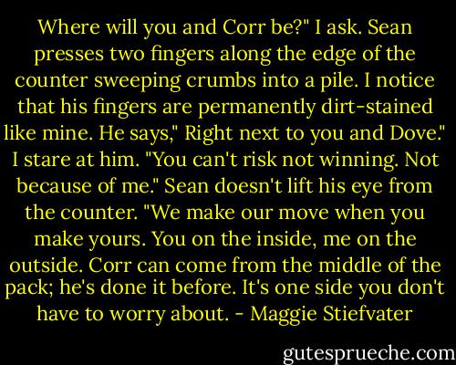 Where will you and Corr be?" I ask. Sean presses two fingers along the edge of the counter sweeping crumbs into a pile. I notice that his fingers are permanently dirt-stained like mine. He says," Right next to you and Dove." I stare at him. "You can't risk not winning. Not because of me." Sean doesn't lift his eye from the counter. "We make our move when you make yours. You on the inside, me on the outside. Corr can come from the middle of the pack; he's done it before. It's one side you don't have to worry about. - Maggie Stiefvater