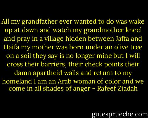 All my grandfather ever wanted to do<br />was wake up at dawn and watch my grandmother kneel and pray<br />in a village hidden between Jaffa and Haifa<br />my mother was born under an olive tree<br />on a soil they say is no longer mine<br />but I will cross their barriers, their check points<br />their damn apartheid walls and return to my homeland<br />I am an Arab woman of color and we come in all shades of anger - Rafeef Ziadah