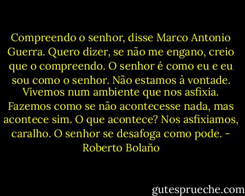 Compreendo o senhor, disse Marco Antonio Guerra. Quero dizer, se não me engano, creio que o compreendo. O senhor é como eu e eu sou como o senhor. Não estamos à vontade. Vivemos num ambiente que nos asfixia. Fazemos como se não acontecesse nada, mas acontece sim. O que acontece? Nos asfixiamos, caralho. O senhor se desafoga como pode. - Roberto Bolaño