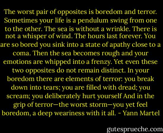 The worst pair of opposites is boredom and terror. Sometimes your life is a pendulum swing from one to the other. The sea is without a wrinkle. There is not a whisper of wind. The hours last forever. You are so bored you sink into a state of apathy close to a coma. Then the sea becomes rough and your emotions are whipped into a frenzy. Yet even these two opposites do not remain distinct. In your boredom there are elements of terror: you break down into tears; you are filled with dread; you scream; you deliberately hurt yourself And in the grip of terror—the worst storm—you yet feel boredom, a deep weariness with it all. - Yann Martel