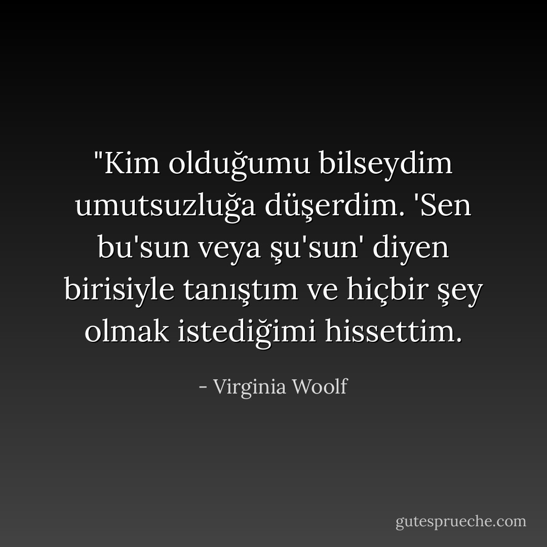 ‎"Kim olduğumu bilseydim umutsuzluğa düşerdim. 'Sen bu'sun veya şu'sun' diyen birisiyle tanıştım ve hiçbir şey olmak istediğimi hissettim. - Virginia Woolf