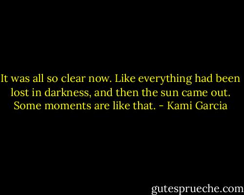 It was all so clear now. Like everything had been lost in darkness, and then the sun came out. Some moments are like that. - Kami Garcia