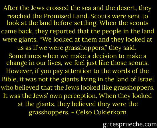 After the Jews crossed the sea and the desert, they reached the Promised Land. Scouts were sent to look at the land before settling. When the scouts came back, they reported that the people in the land were giants. “We looked at them and they looked at us as if we were grasshoppers,” they said. <br />Sometimes when we make a decision to make a change in our lives, we feel just like those scouts. However, if you pay attention to the words of the Bible, it was not the giants living in the land of Israel who believed that the Jews looked like grasshoppers. It was the Jews’ own perception. When they looked at the giants, they believed they were the grasshoppers. - Celso Cukierkorn