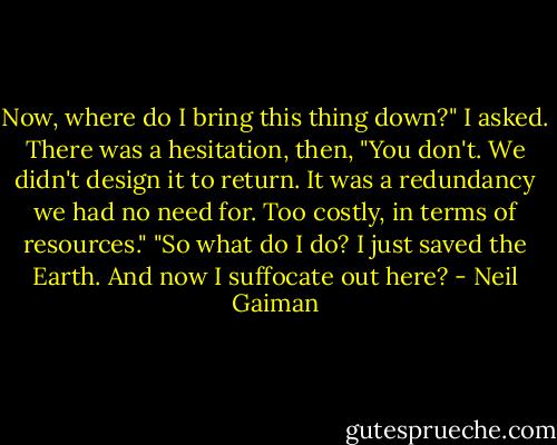 Now, where do I bring this thing down?" I asked. There was a hesitation, then, "You don't. We didn't design it to return. It was a redundancy we had no need for. Too costly, in terms of resources." "So what do I do? I just saved the Earth. And now I suffocate out here? - Neil Gaiman