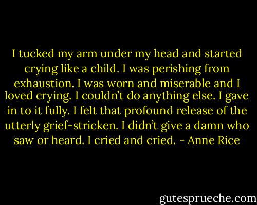 I tucked my arm under my head and started crying like a child. I was perishing from exhaustion. I was worn and miserable and I loved crying. I couldn’t do anything else. I gave in to it fully. I felt that profound release of the utterly grief-stricken. I didn’t give a damn who saw or heard. I cried and cried. - Anne Rice