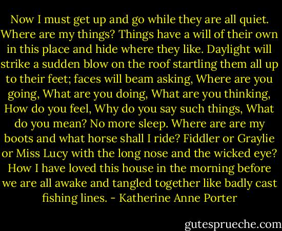 Now I must get up and go while they are all quiet. Where are my things? Things have a will of their own in this place and hide where they like. Daylight will strike a sudden blow on the roof startling them all up to their feet; faces will beam asking, Where are you going, What are you doing, What are you thinking, How do you feel, Why do you say such things, What do you mean? No more sleep. Where are are my boots and what horse shall I ride? Fiddler or Graylie or Miss Lucy with the long nose and the wicked eye? How I have loved this house in the morning before we are all awake and tangled together like badly cast fishing lines. - Katherine Anne Porter