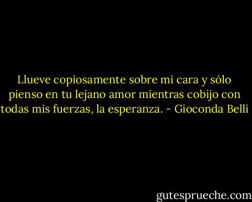 Llueve copiosamente sobre mi cara y sólo pienso en tu lejano amor mientras cobijo con todas mis fuerzas, la esperanza. - Gioconda Belli