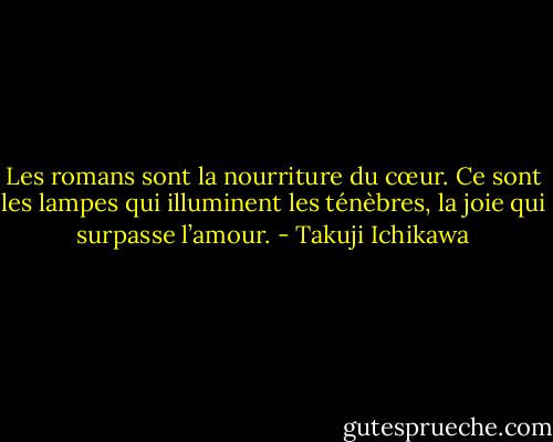 Les romans sont la nourriture du cœur. Ce sont les lampes qui illuminent les ténèbres, la joie qui surpasse l’amour. - Takuji Ichikawa