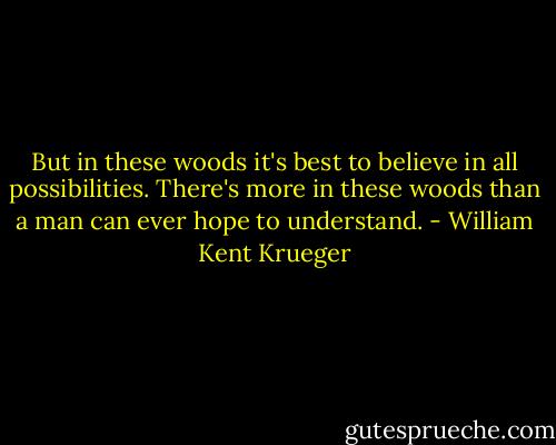 But in these woods it's best to believe in all possibilities. There's more in these woods than a man can ever hope to understand. - William Kent Krueger