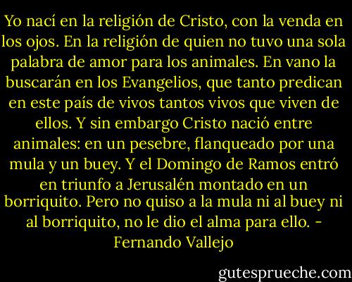 Yo nací en la religión de Cristo, con la venda en los ojos. En la religión de quien no tuvo una sola palabra de amor para los animales. En vano la buscarán en los Evangelios, que tanto predican en este país de vivos tantos vivos que viven de ellos. Y sin embargo Cristo nació entre animales: en un pesebre, flanqueado por una mula y un buey. Y el Domingo de Ramos entró en triunfo a Jerusalén montado en un borriquito. Pero no quiso a la mula ni al buey ni al borriquito, no le dio el alma para ello. - Fernando Vallejo