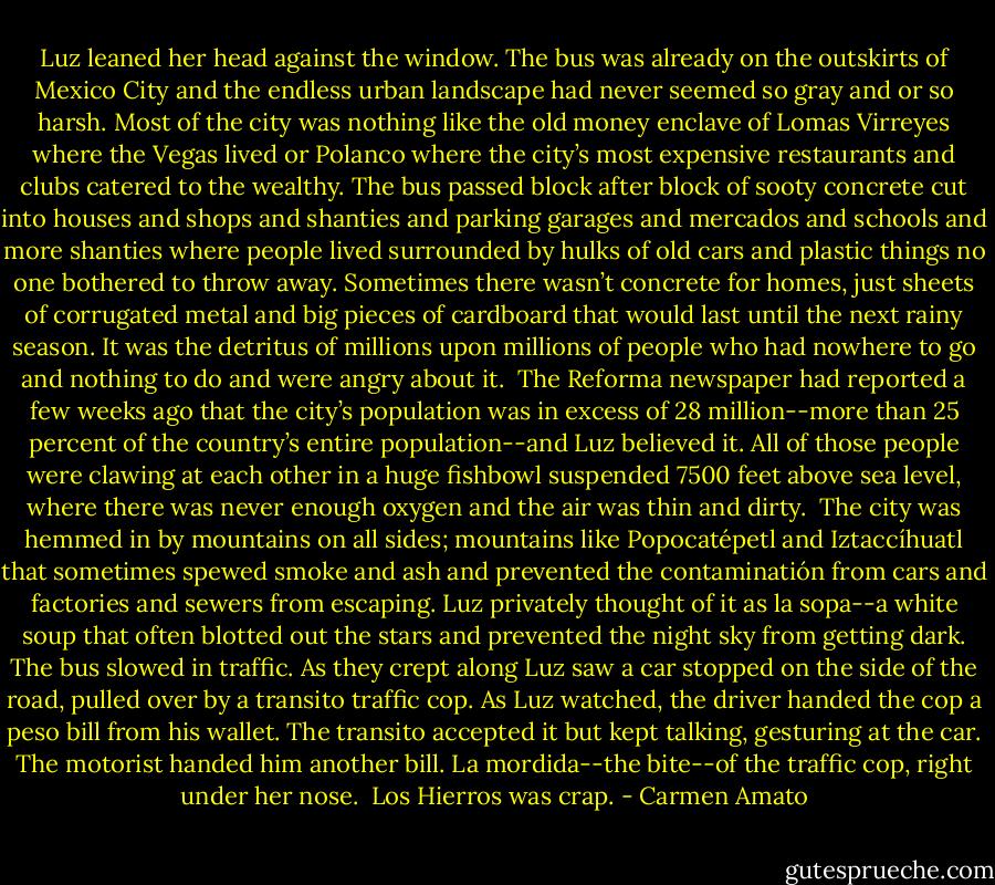 Luz leaned her head against the window. The bus was already on the outskirts of Mexico City and the endless urban landscape had never seemed so gray and or so harsh. Most of the city was nothing like the old money enclave of Lomas Virreyes where the Vegas lived or Polanco where the city’s most expensive restaurants and clubs catered to the wealthy.<br />The bus passed block after block of sooty concrete cut into houses and shops and shanties and parking garages and mercados and schools and more shanties where people lived surrounded by hulks of old cars and plastic things no one bothered to throw away. Sometimes there wasn’t concrete for homes, just sheets of corrugated metal and big pieces of cardboard that would last until the next rainy season. It was the detritus of millions upon millions of people who had nowhere to go and nothing to do and were angry about it. <br />The Reforma newspaper had reported a few weeks ago that the city’s population was in excess of 28 million--more than 25 percent of the country’s entire population--and Luz believed it. All of those people were clawing at each other in a huge fishbowl suspended 7500 feet above sea level, where there was never enough oxygen and the air was thin and dirty. <br />The city was hemmed in by mountains on all sides; mountains like Popocatépetl and Iztaccíhuatl that sometimes spewed smoke and ash and prevented the contaminatión from cars and factories and sewers from escaping. Luz privately thought of it as la sopa--a white soup that often blotted out the stars and prevented the night sky from getting dark.<br />The bus slowed in traffic. As they crept along Luz saw a car stopped on the side of the road, pulled over by a transito traffic cop. As Luz watched, the driver handed the cop a peso bill from his wallet. The transito accepted it but kept talking, gesturing at the car. The motorist handed him another bill. La mordida--the bite--of the traffic cop, right under her nose. <br />Los Hierros was crap. - Carmen Amato
