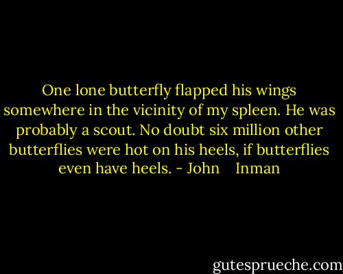 One lone butterfly flapped his wings somewhere in the vicinity of my spleen. He was probably a scout. No doubt six million other butterflies were hot on his heels, if butterflies even have heels. - John    Inman