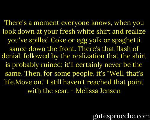 There's a moment everyone knows, when you look down at your fresh white shirt and realize you've spilled Coke or egg yolk or spaghetti sauce down the front. There's that flash of denial, followed by the realization that the shirt is probably ruined; it'll certainly never be the same. Then, for some people, it's "Well, that's life.Move on."<br />I still haven't reached that point with the scar. - Melissa Jensen