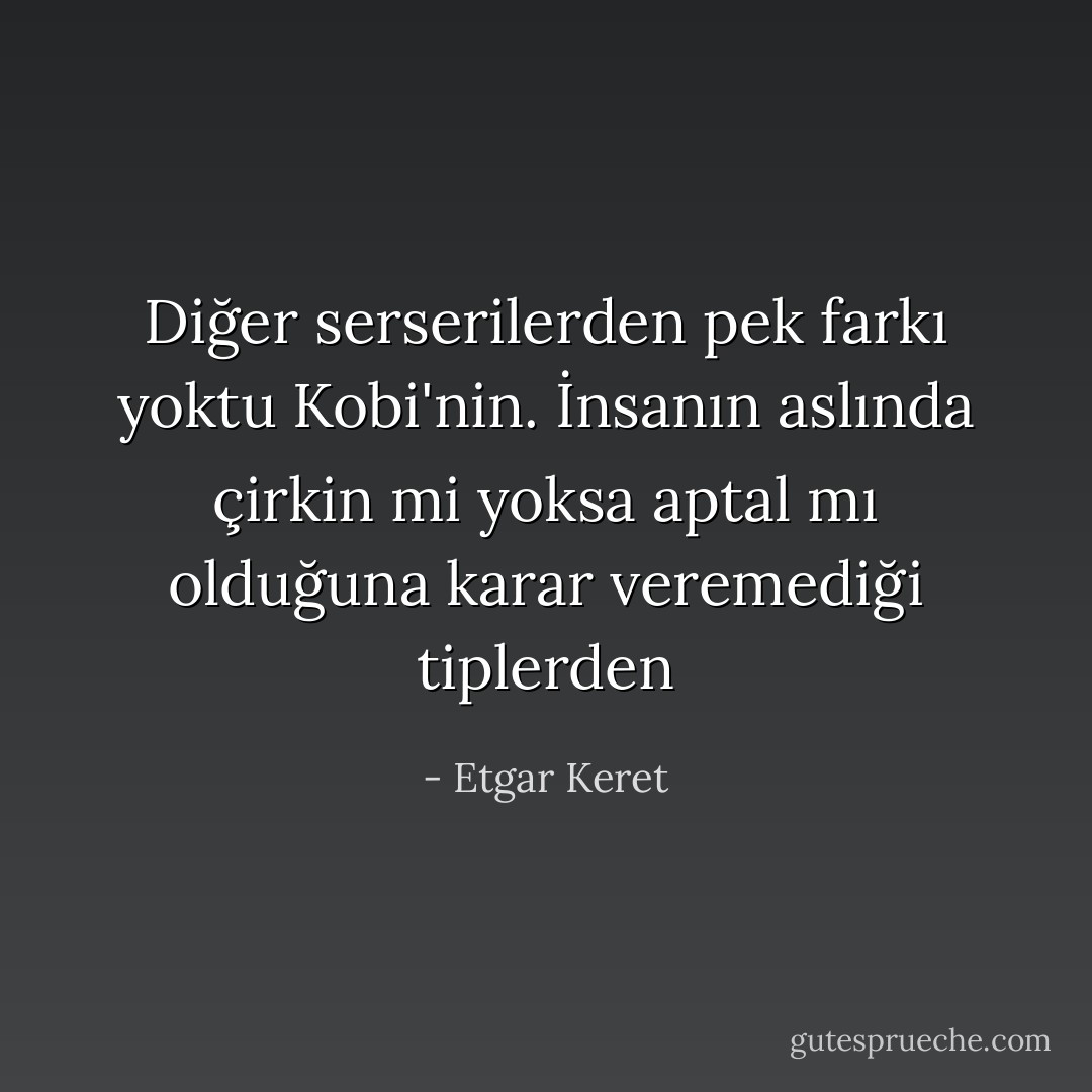 Diğer serserilerden pek farkı yoktu Kobi'nin. İnsanın aslında çirkin mi yoksa aptal mı olduğuna karar veremediği tiplerden - Etgar Keret