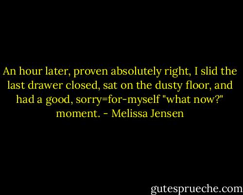 An hour later, proven absolutely right, I slid the last drawer closed, sat on the dusty floor, and had a good, sorry=for-myself "what now?" moment. - Melissa Jensen