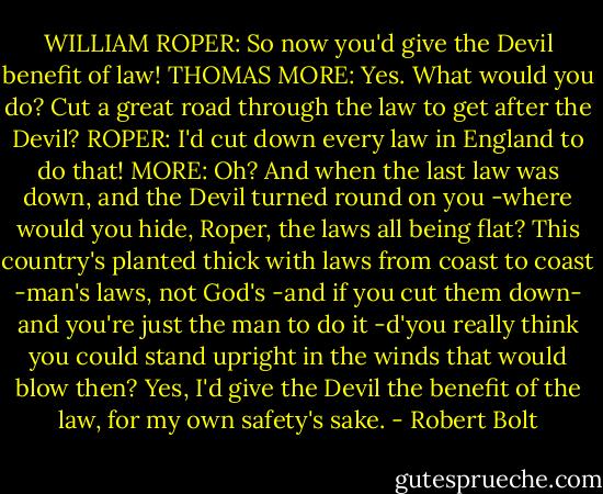 WILLIAM ROPER: So now you'd give the Devil benefit of law!<br />THOMAS MORE: Yes. What would you do? Cut a great road through the law to get after the Devil?<br />ROPER: I'd cut down every law in England to do that!<br />MORE: Oh? And when the last law was down, and the Devil turned round on you -where would you hide, Roper, the laws all being flat? This country's planted thick with laws from coast to coast -man's laws, not God's -and if you cut them down- and you're just the man to do it -d'you really think you could stand upright in the winds that would blow then? Yes, I'd give the Devil the benefit of the law, for my own safety's sake. - Robert Bolt