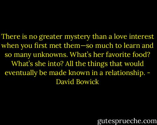 There is no greater mystery than a love interest when you first met them—so much to learn and so many unknowns. What’s her favorite food? What’s she into? All the things that would eventually be made known in a relationship. - David Bowick