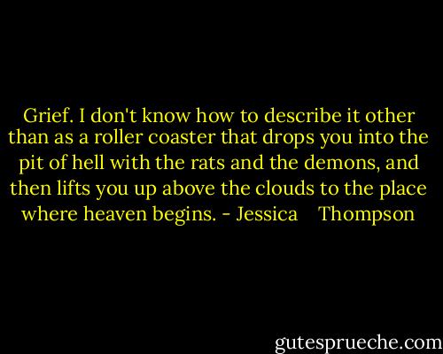 Grief. I don't know how to describe it other than as a roller coaster that drops you into the pit of hell with the rats and the demons, and then lifts you up above the clouds to the place where heaven begins. - Jessica    Thompson