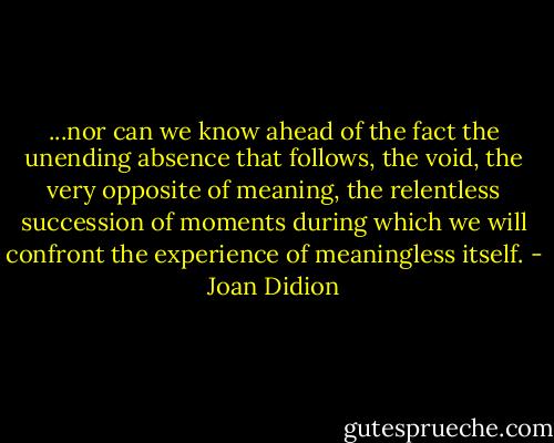 ...nor can we know ahead of the fact the unending absence that follows, the void, the very opposite of meaning, the relentless succession of moments during which we will confront the experience of meaningless itself. - Joan Didion