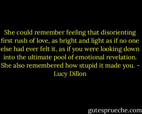She could remember feeling that disorienting first rush of love, as bright and light as if no one else had ever felt it, as if you were looking down into the ultimate pool of emotional revelation. She also remembered how stupid it made you. - Lucy Dillon