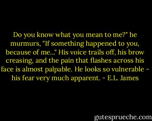 Do you know what you mean to me?" he murmurs, "If something happened to you, because of me..." His voice trails off, his brow creasing, and the pain that flashes across his face is almost palpable. He looks so vulnerable - his fear very much apparent. - E.L. James