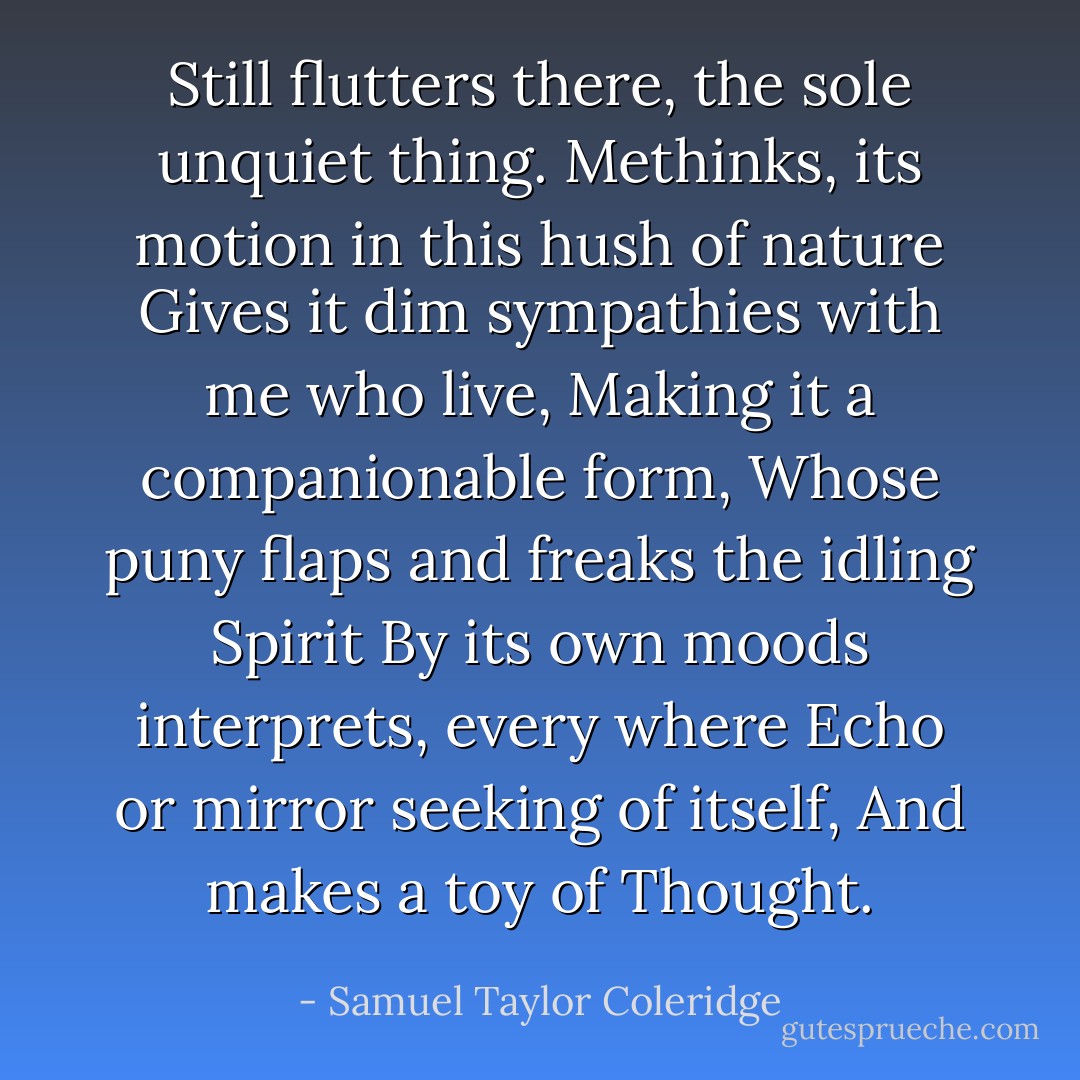 Still flutters there, the sole unquiet thing.<br />Methinks, its motion in this hush of nature<br />Gives it dim sympathies with me who live,<br />Making it a companionable form,<br />Whose puny flaps and freaks the idling Spirit<br />By its own moods interprets, every where<br />Echo or mirror seeking of itself,<br />And makes a toy of Thought. - Samuel Taylor Coleridge