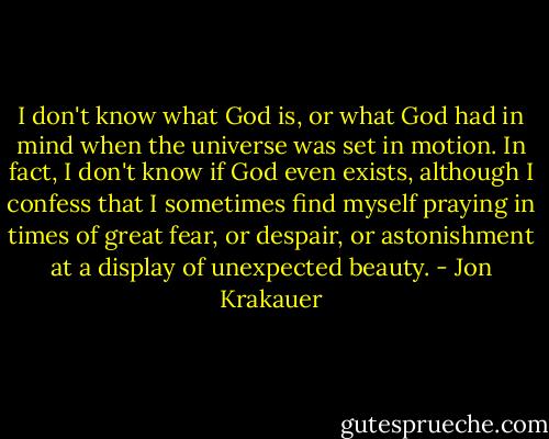 I don't know what God is, or what God had in mind when the universe was set in motion. In fact, I don't know if God even exists, although I confess that I sometimes find myself praying in times of great fear, or despair, or astonishment at a display of unexpected beauty. - Jon Krakauer