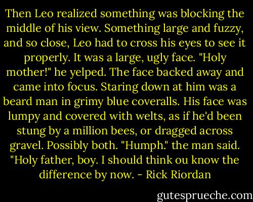 Then Leo realized something was blocking the middle of his view. Something large and fuzzy, and so close, Leo had to cross his eyes to see it properly. It was a large, ugly face. "Holy mother!" he yelped. The face backed away and came into focus. Staring down at him was a beard man in grimy blue coveralls. His face was lumpy and covered with welts, as if he'd been stung by a million bees, or dragged across gravel. Possibly both. "Humph." the man said. "Holy father, boy. I should think ou know the difference by now. - Rick Riordan