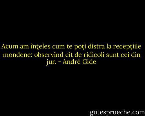 Acum am înţeles cum te poţi distra la recepţiile mondene: observînd cît de ridicoli sunt cei din jur. - André Gide