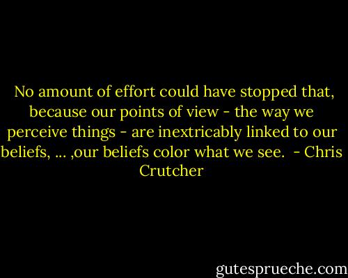  No amount of effort could have stopped that, because our points of view - the way we perceive things - are inextricably linked to our beliefs, ... ,our beliefs color what we see.  - Chris Crutcher